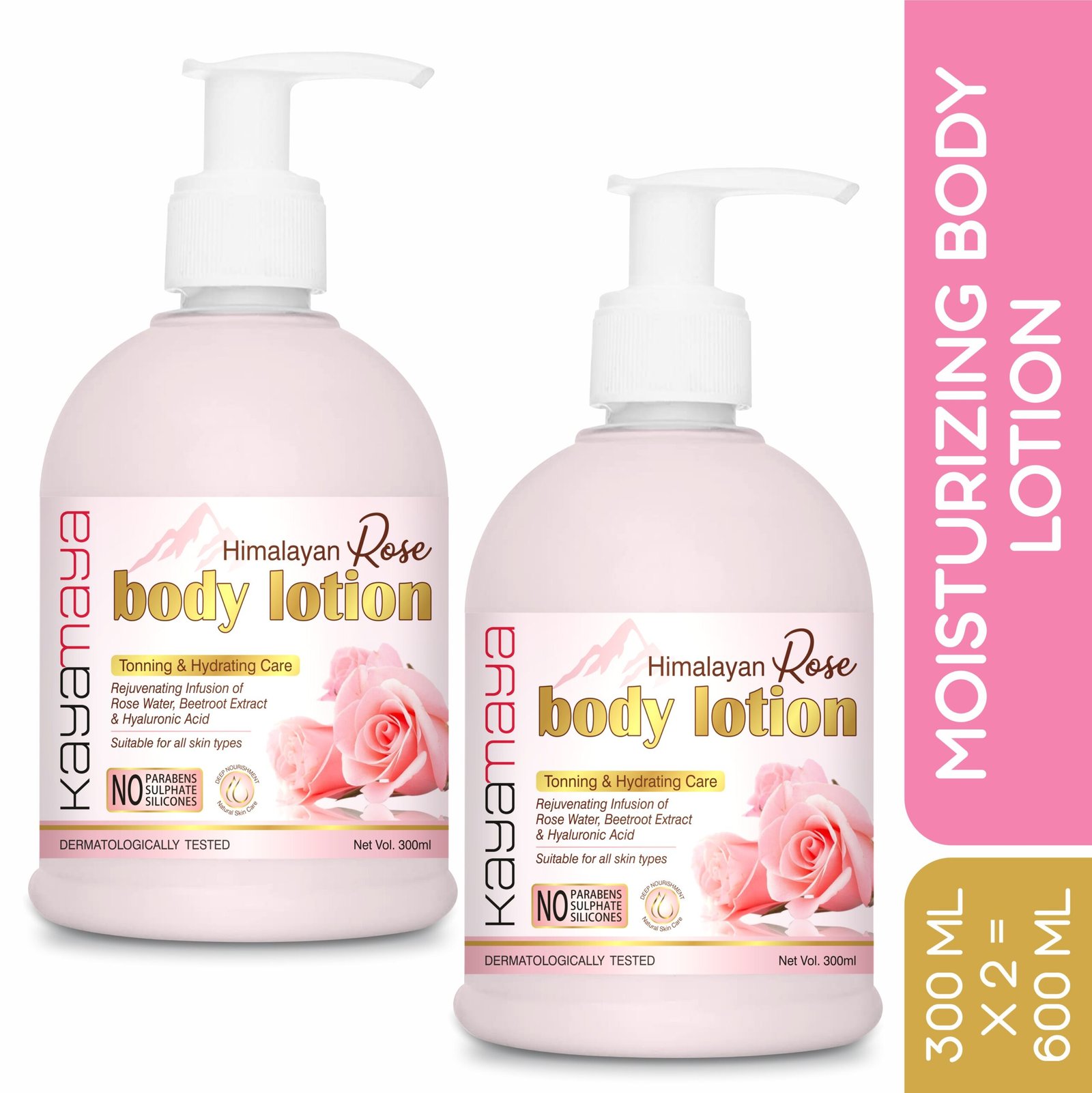 KayaMaya Himalayan Rose Body Lotion 300ml – Hydrating Moisturiser with Rose Water, Beetroot Extract & Hyaluronic Acid for All Skin Types (Pack Of 2)