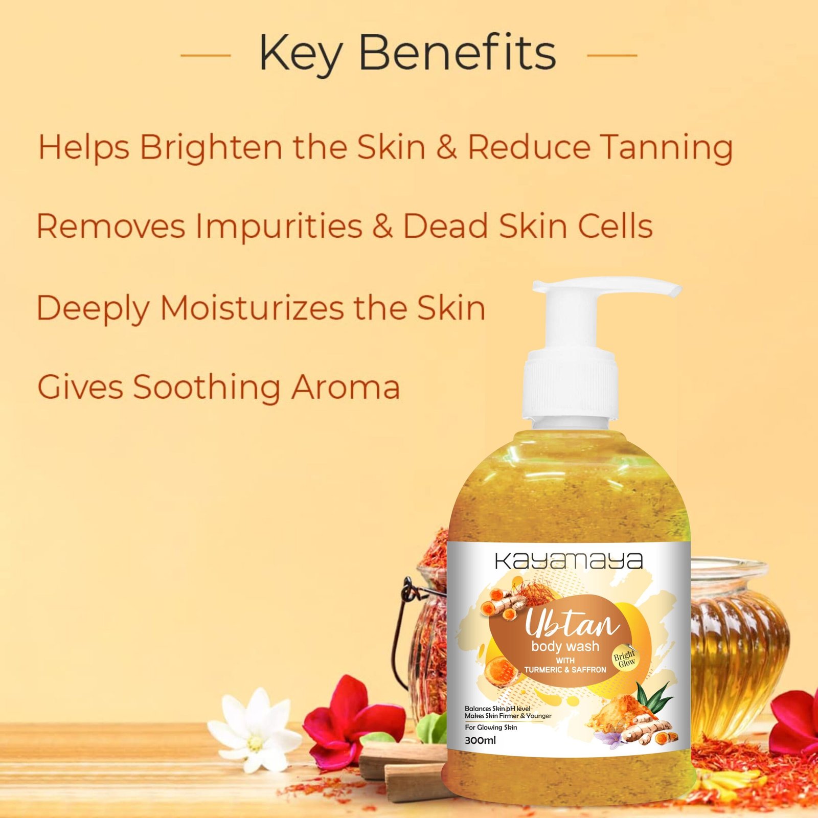 Kayamaya Ubtan Body Wash with Turmeric & Saffron – Brightening, Moisturizing & Gentle Exfoliating Body Cleanser for Glowing Skin, pH 5.5, 300ml (Pack Of 2) - Image 2