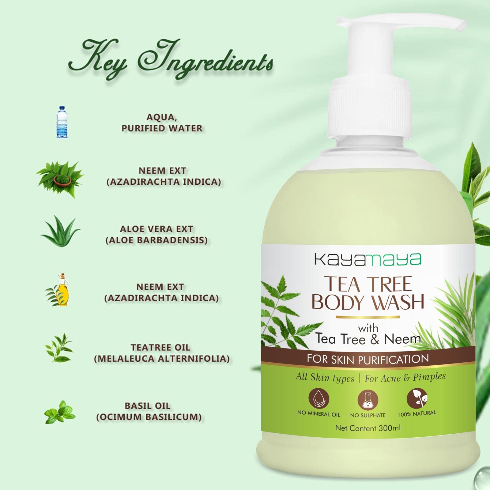 Kayamaya Tea Tree & Neem Body Wash for Skin Purification – Sulphate & Mineral Oil Free, with Aloe Vera, Glycerin & Menthol, All Skin Types, 300ml (Pack Of 2) - Image 3