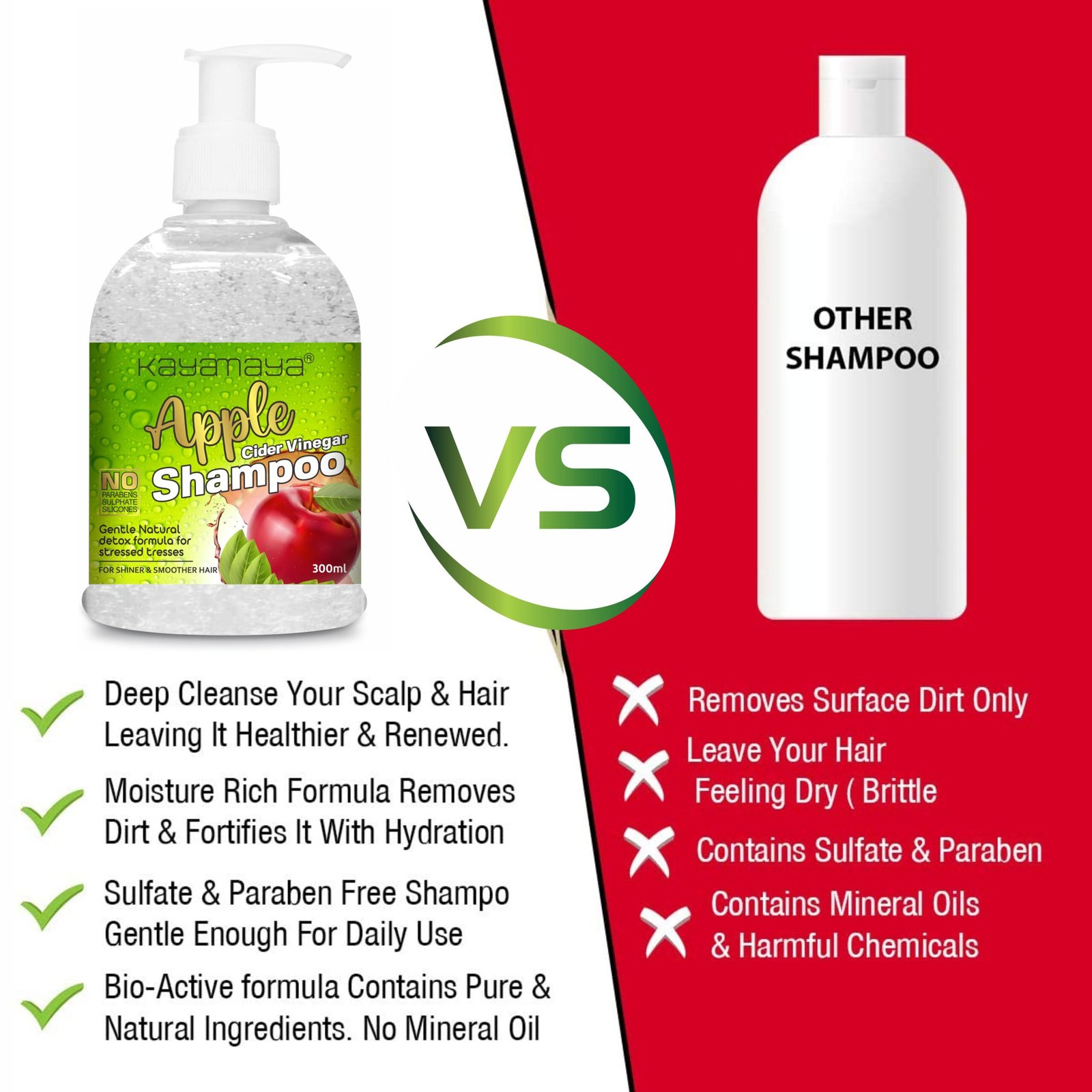 KayaMaya Apple Cider Vinegar Shampoo 300ml – Deep Cleansing & Moisturizing Shampoo for Shiny, Smooth Hair | Sulphate, Paraben & Silicone Free - Image 3