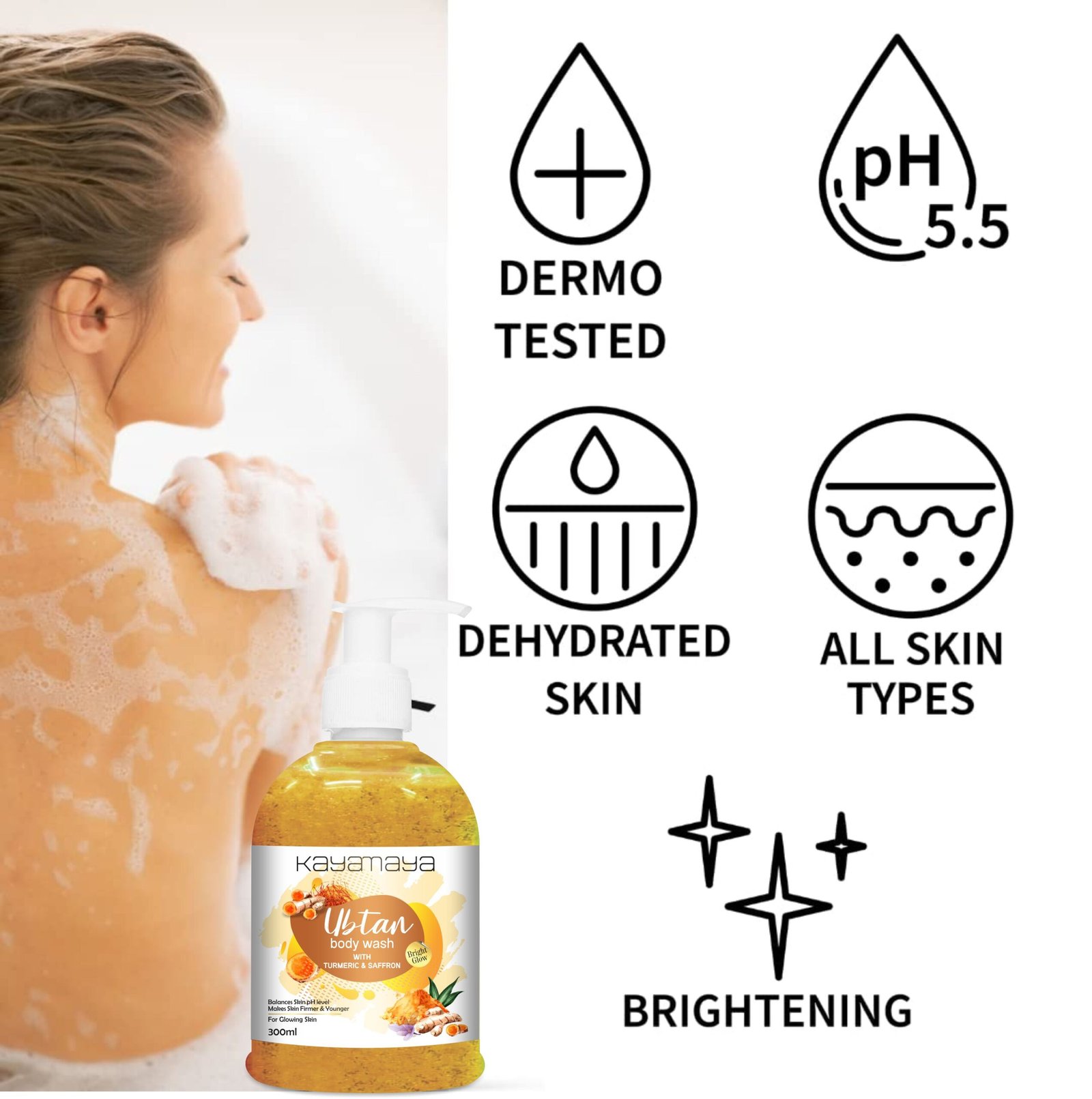 Kayamaya Ubtan Body Wash with Turmeric & Saffron – Brightening, Moisturizing & Gentle Exfoliating Body Cleanser for Glowing Skin, pH 5.5, 300ml (Pack Of 2) - Image 3