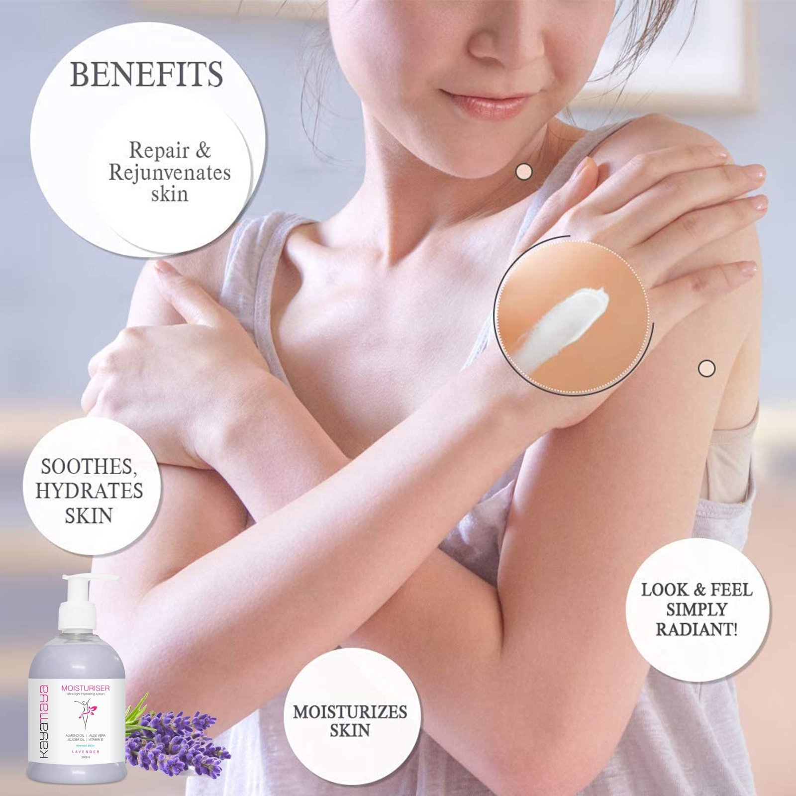 KayaMaya Lavender Moisturiser 300ml – Ultra-Light Hydrating Hand & Body Lotion with Aloe Vera, Almond Oil, Jojoba Oil & Vitamin E for Normal Skin (Pack Of 2) - Image 3