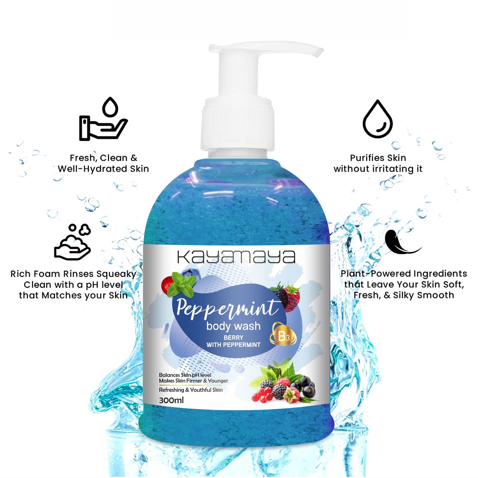 Kayamaya Peppermint & Berry Body Wash with Vitamin B3 – Hydrating & Refreshing Shower Gel, 300ml - Image 4