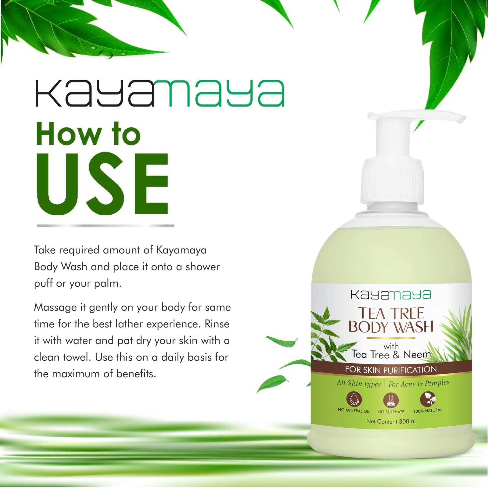 Kayamaya Tea Tree & Neem Body Wash for Skin Purification – Sulphate & Mineral Oil Free, with Aloe Vera, Glycerin & Menthol, All Skin Types, 300ml (Pack Of 2) - Image 4