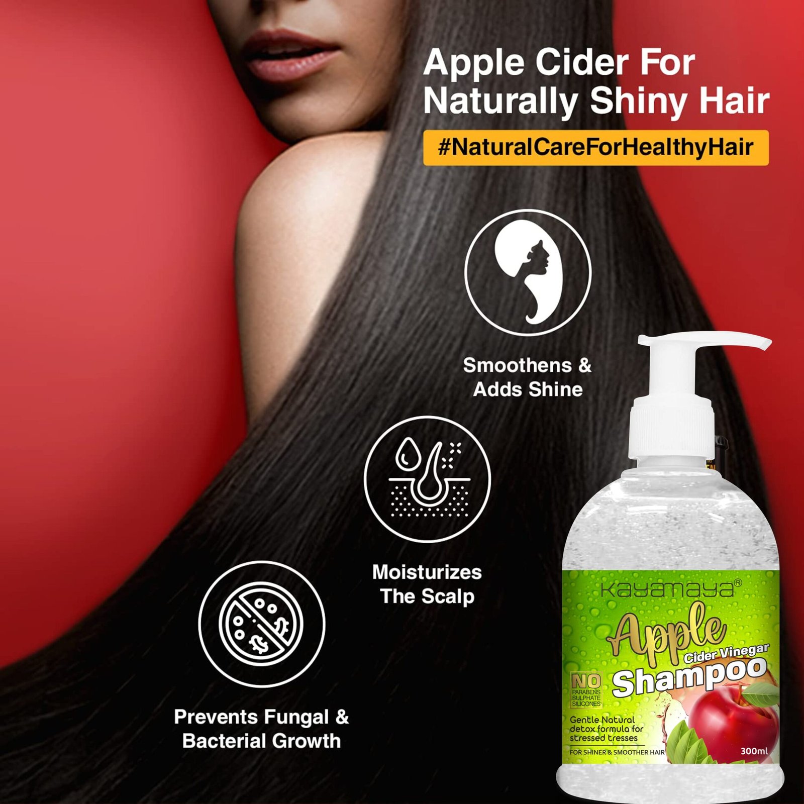 KayaMaya Apple Cider Vinegar Shampoo 300ml – Deep Cleansing & Moisturizing Shampoo for Shiny, Smooth Hair | Sulphate, Paraben & Silicone Free - Image 4