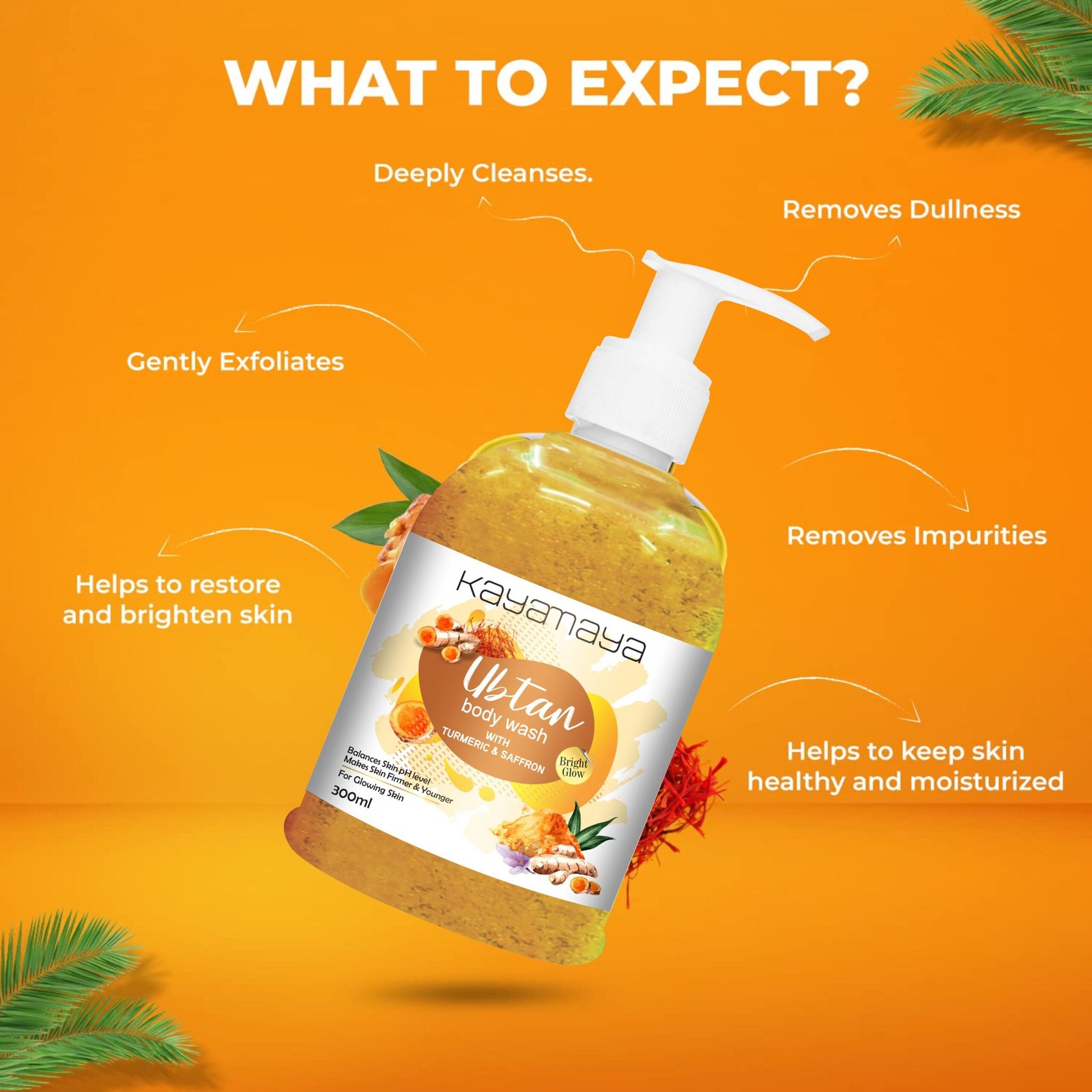 Kayamaya Ubtan Body Wash with Turmeric & Saffron – Brightening, Moisturizing & Gentle Exfoliating Body Cleanser for Glowing Skin, pH 5.5, 300ml (Pack Of 2) - Image 4