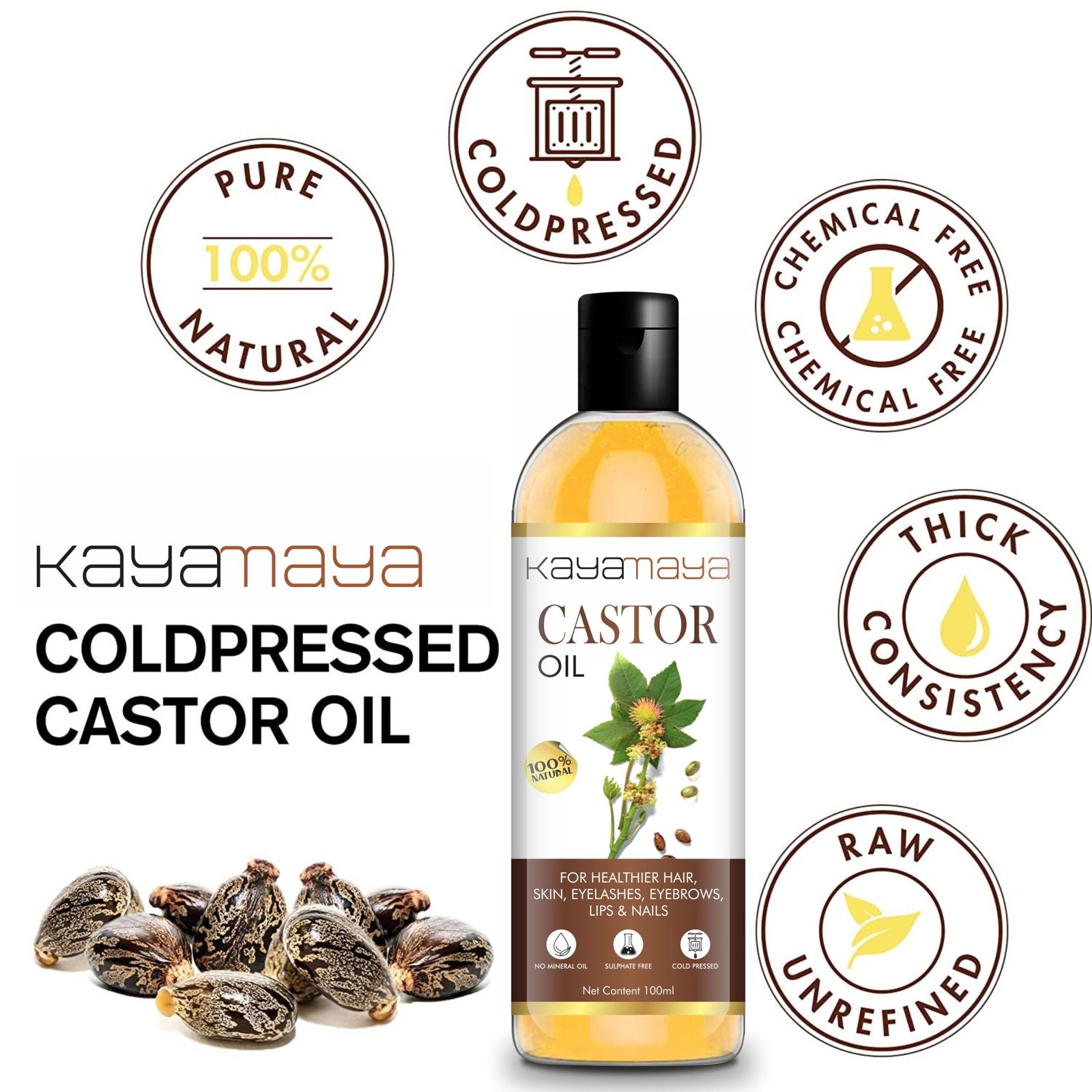Kayamaya 100% Natural Cold Pressed Castor Oil for Hair, Skin, Eyelashes, Eyebrows, Lips & Nails | Pure, Raw & Unrefined | Mineral Oil & Sulphate Free | 100ml - Image 5