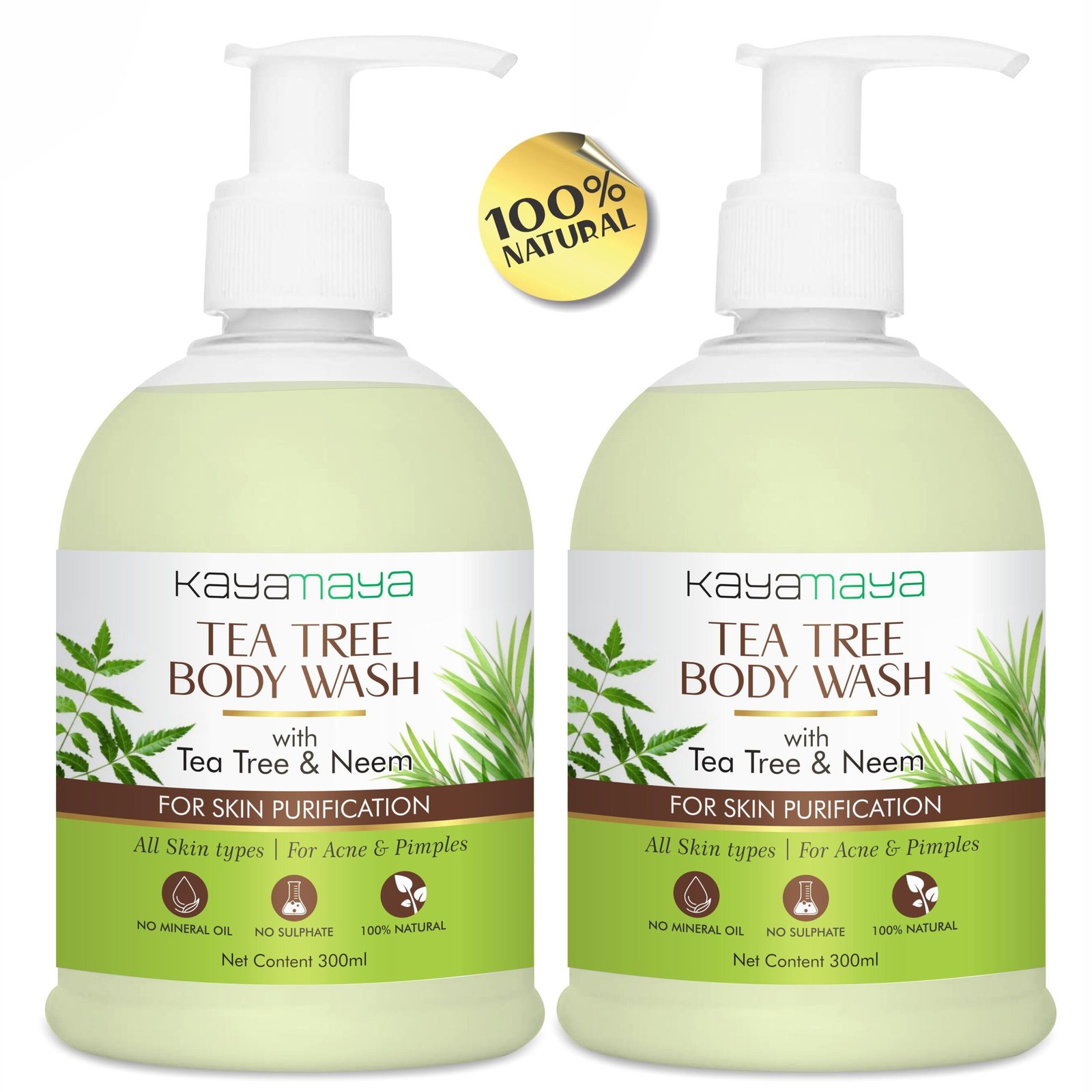 Kayamaya Tea Tree & Neem Body Wash for Skin Purification – Sulphate & Mineral Oil Free, with Aloe Vera, Glycerin & Menthol, All Skin Types, 300ml (Pack Of 2)