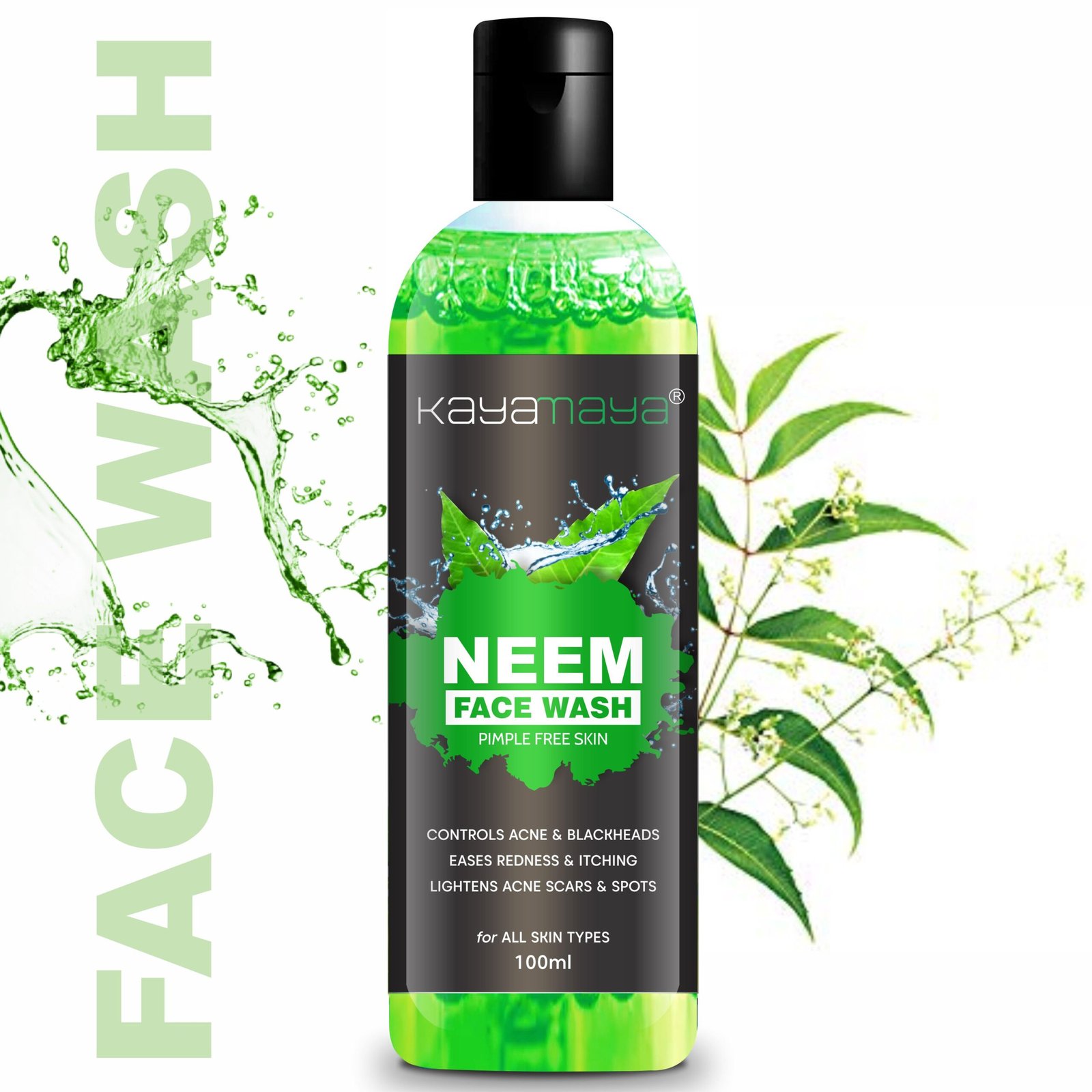 Kayamaya Neem Face Wash with Vitamin E – Purifying Cleanser for Pimples, Blackheads & Excess Oil, Vegan, All Skin Types, 100ml
