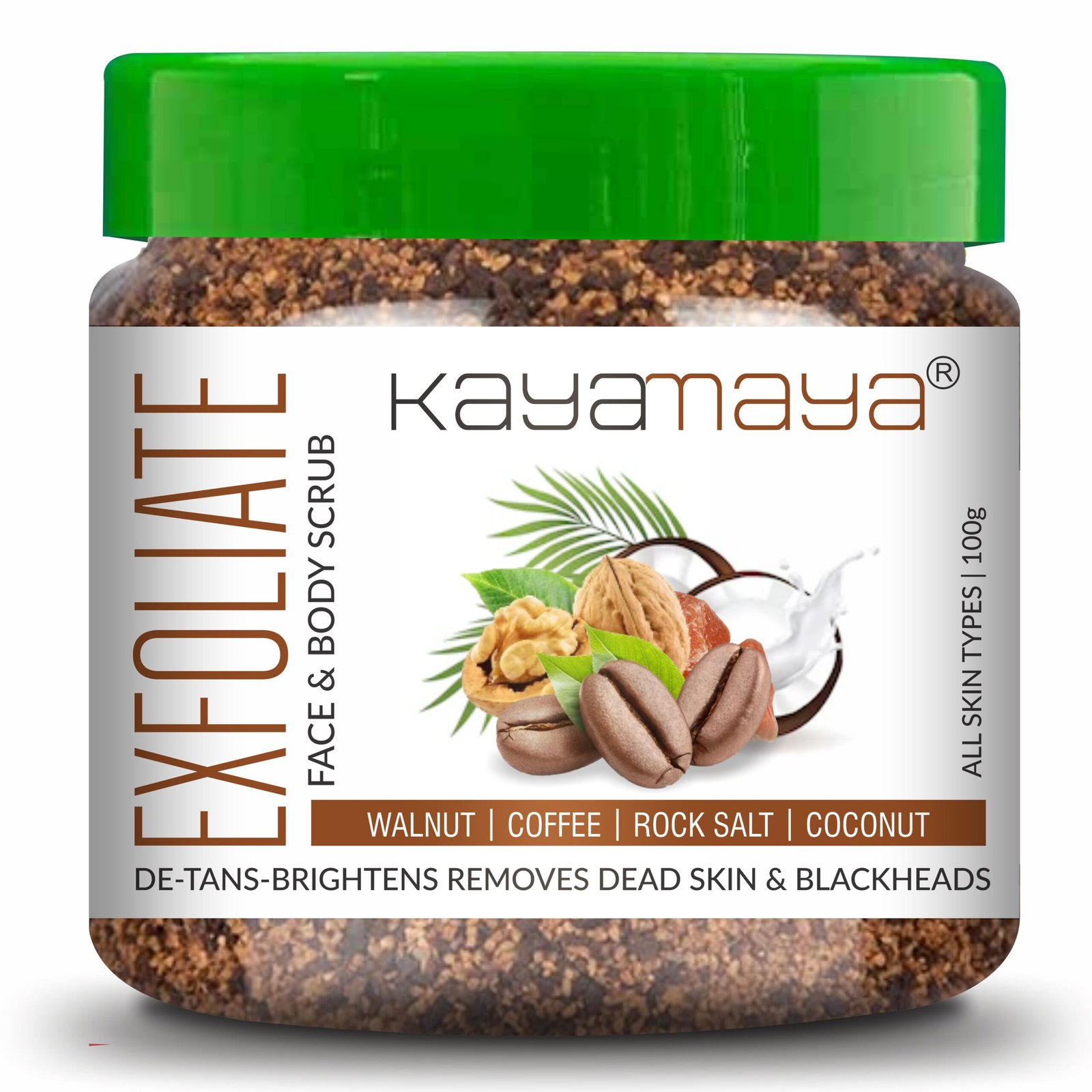 Kayamaya Exfoliate Coffee & Walnut Face & Body Scrub with Rock Salt & Coconut, De-Tan & Brightening Exfoliator (100g)