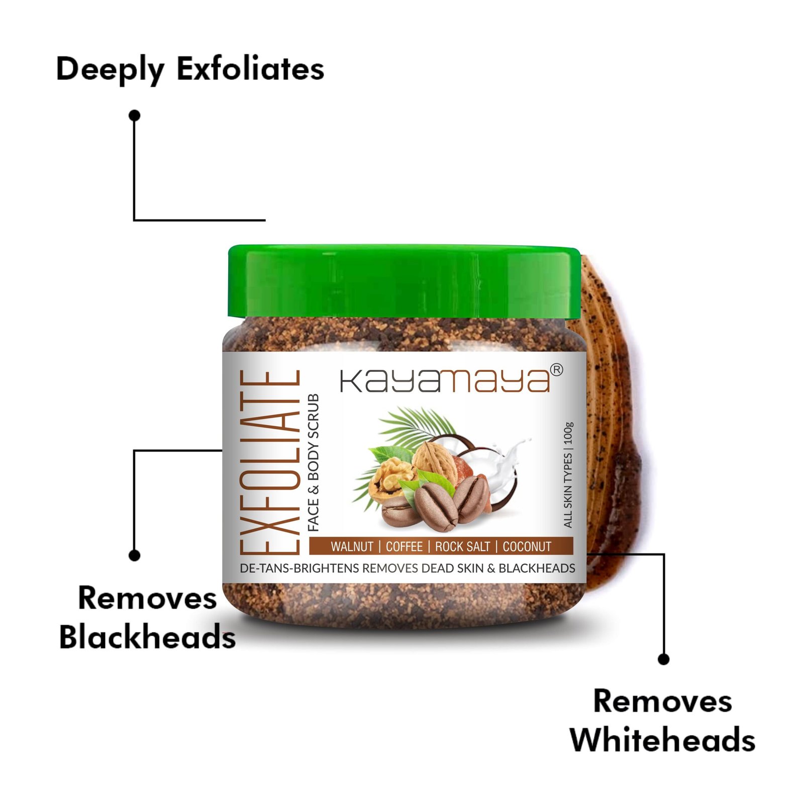Kayamaya Exfoliate Coffee & Walnut Face & Body Scrub with Rock Salt & Coconut, De-Tan & Brightening Exfoliator (100g) - Image 3