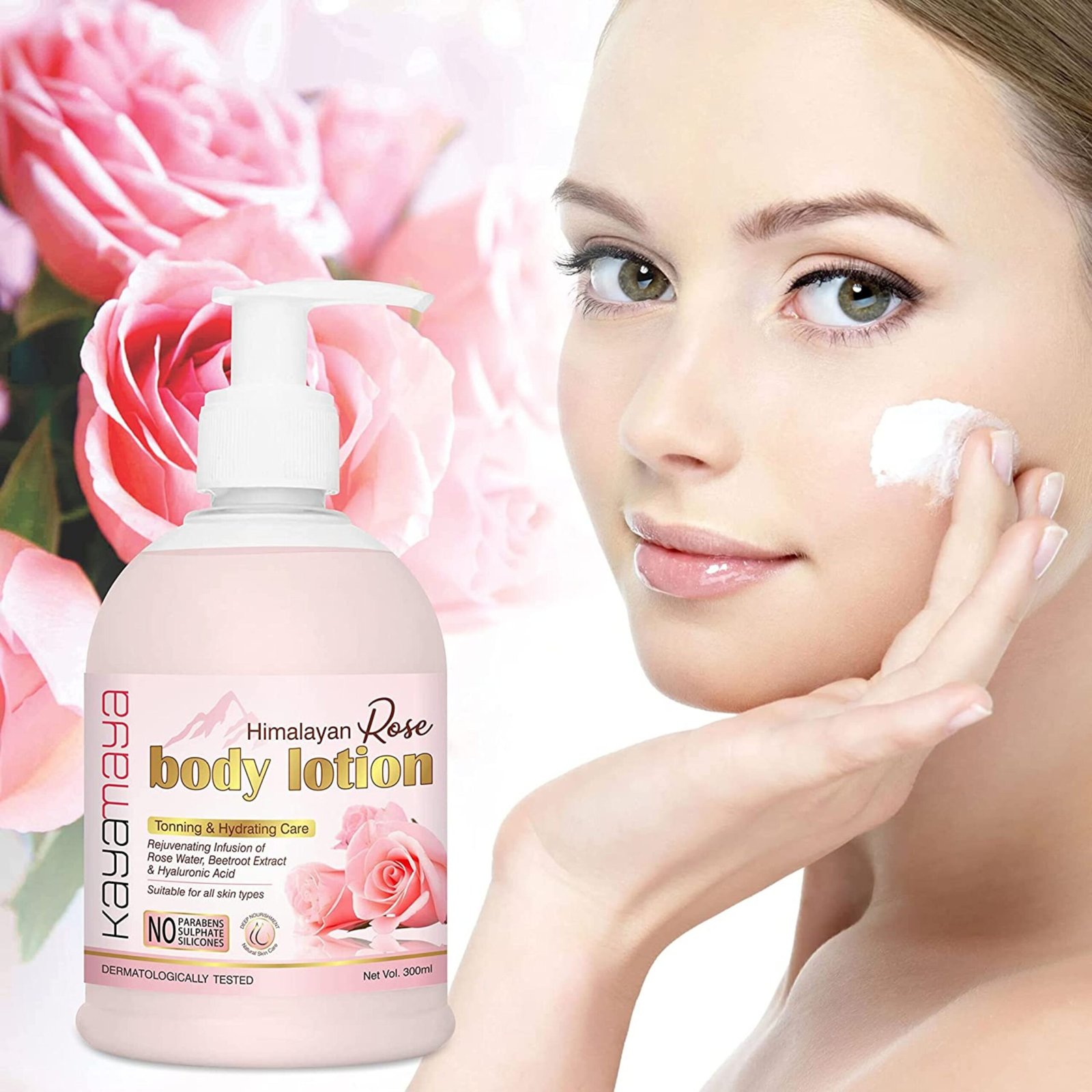 Kayamaya Himalayan Rose Body Lotion - 300ml | Natural Toning & Hydrating Lotion with Rose Water, Beetroot Extract & Hyaluronic Acid for All Skin Types | Paraben & Sulphate Free, Dermatologically Tested - Image 4